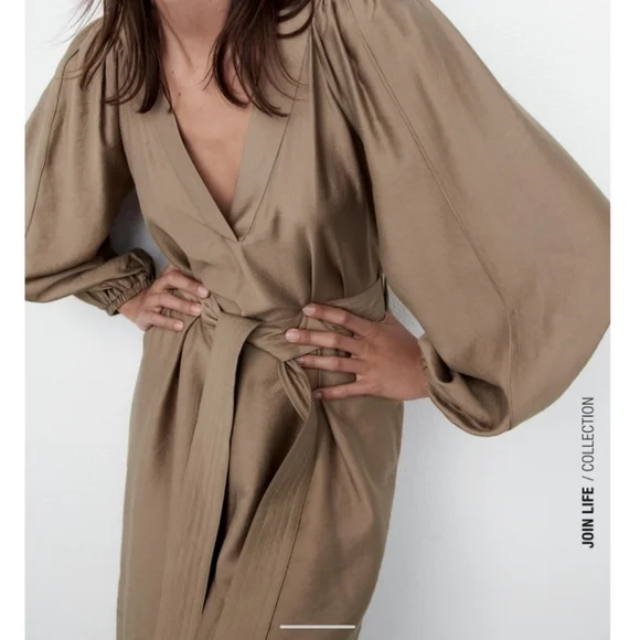 Zara * Belted Midi Dress Tan - Picture 1 of 5